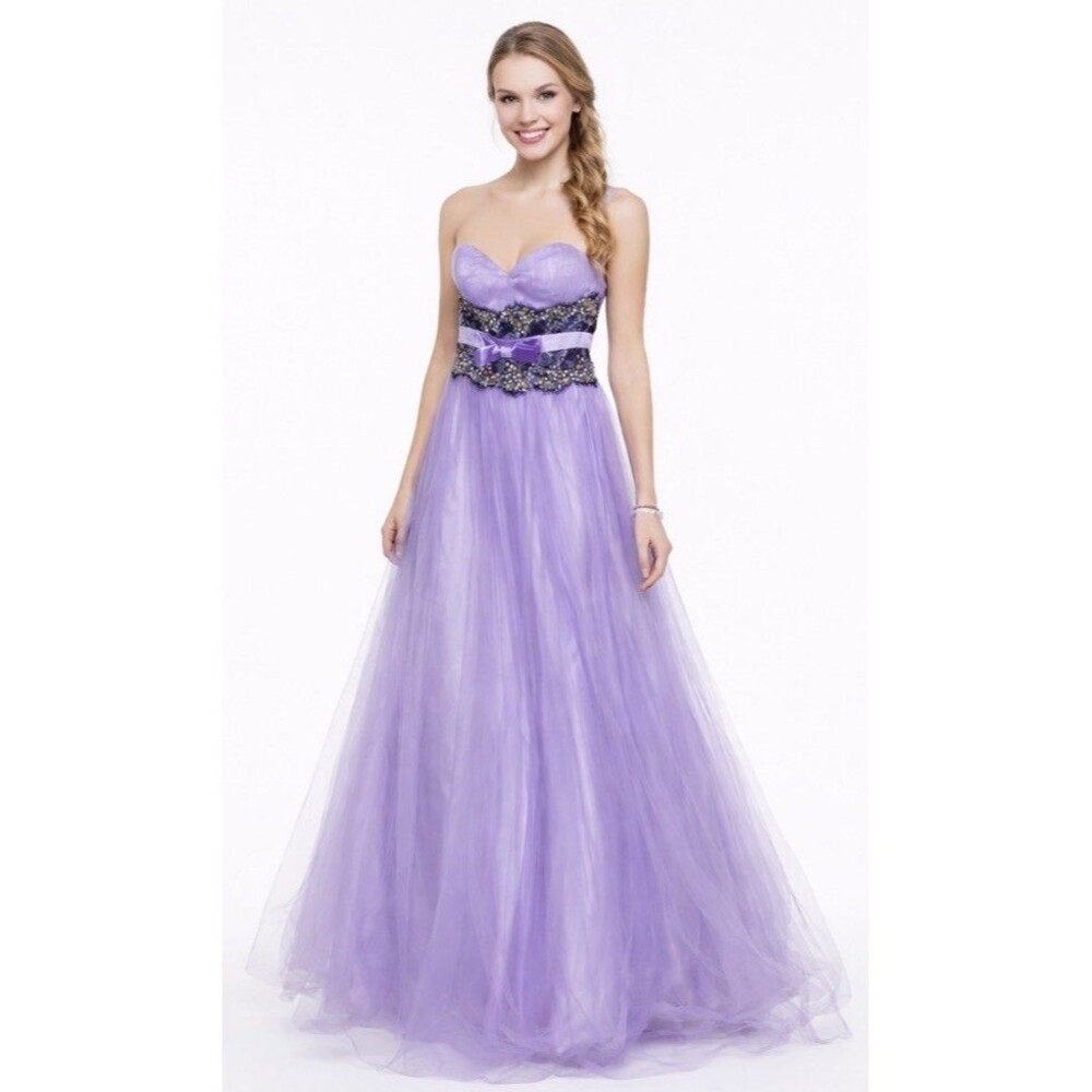 Mac Duggal Couture Lavender Purple Tulle Lace Beaded Strapless Prom Dress Size 2